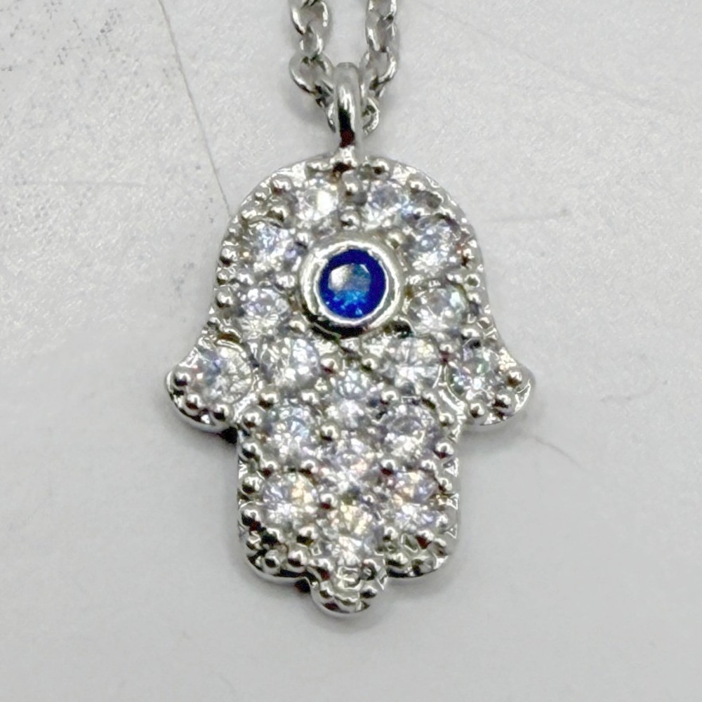 Hamsa Hand Blue Evil Eye Necklace Silver Tone 17" Chain Crystal Charm Dainty